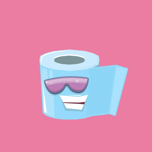 Vektor lucu kartun kertas toilet karakter roll dengan kacamata hitam terisolasi pada latar belakang merah muda. tersenyum lucu kawaii tolet kertas gulung karakter - Stok Vektor