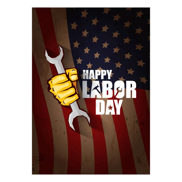 День труда США вертикальный плакат, фон или флаер с сильным сжатым кулаком, изолированный на макете флага США и приветственный текст. Иллюстрация концепции профсоюза — стоковый вектор
