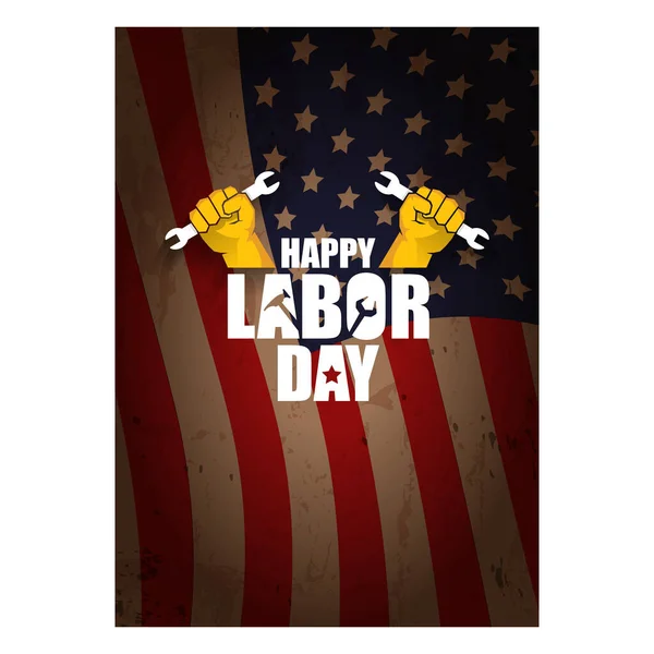 Labor day Usa vertical poster, background or flyer with strong clenched fist isolated on usa flag layout and greeting text . Labor union concept illustration — Stock Vector