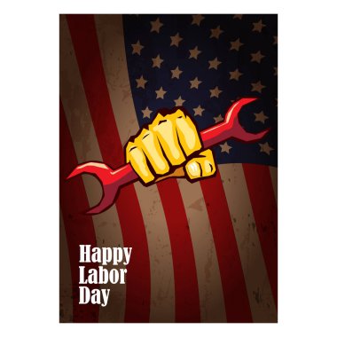 İşçi bayramı Usa dikey posteri, arka plan ya da el ilanı ABD bayrak düzeni ve selamlama metninde izole edilmiş güçlü bir yumruğa sahip. İşçi sendikası konsepti çizimi
