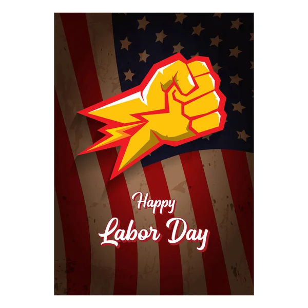 День труда США вертикальный плакат, фон или флаер с сильным сжатым кулаком, изолированный на макете флага США и приветственный текст. Иллюстрация концепции профсоюза — стоковый вектор
