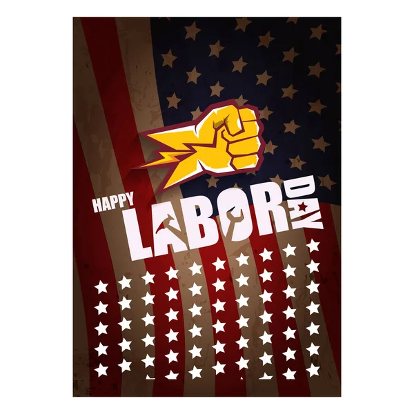 Labor day Usa vertical poster, background or flyer with strong clenched fist isolated on usa flag layout and greeting text . Labor union concept illustration — Stock Vector