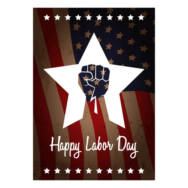 Labor day Usa vertical poster, background or flyer with strong clenched fist isolated on usa flag layout and greeting text . Labor union concept illustration — Stock Vector