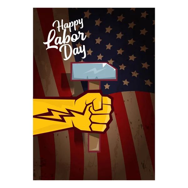 Dia de trabalho Cartaz vertical dos EUA, fundo ou panfleto com forte punho cerrado isolado no layout da bandeira dos EUA e texto de saudação. Ilustração do conceito sindical — Vetor de Stock