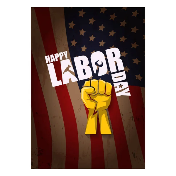 Labor day Usa vertical poster, background or flyer with strong clenched fist isolated on usa flag layout and greeting text . Labor union concept illustration — Stock Vector