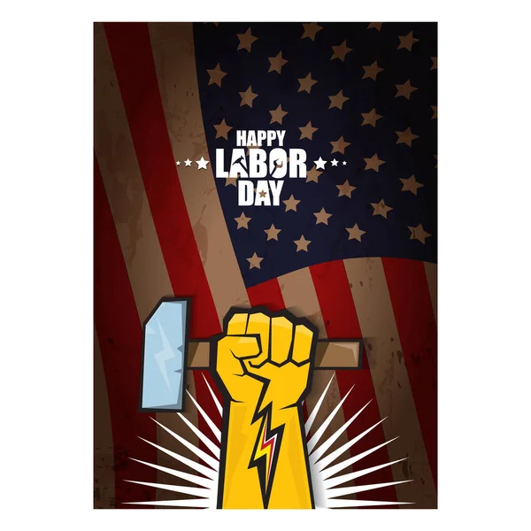 İşçi bayramı Usa dikey posteri, arka plan ya da el ilanı ABD bayrak düzeni ve selamlama metninde izole edilmiş güçlü bir yumruğa sahip. İşçi sendikası konsepti çizimi — Stok Vektör