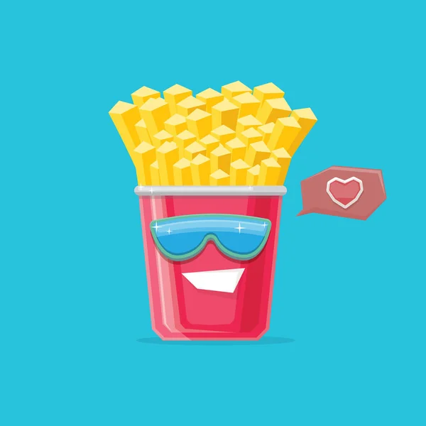 Διάνυσμα αστεία κινούμενα σχέδια τηγανητές πατάτες χαρακτήρα κουτί πατάτας με γυαλιά ηλίου απομονώνονται σε μπλε φόντο. funky χαμογελαστό χαρακτήρα τροφίμων — Διανυσματικό Αρχείο