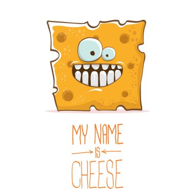 Beyaz arka planda izole edilmiş sevimli turuncu peynir karakteri. Benim adım peynir. yemek manyağı karakter