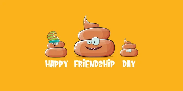 Feliz día de la amistad bandera horizontal o tarjeta de felicitación con vectores divertidos amigos caca de dibujos animados personajes aislados en fondo naranja abstracto. Concepto de mejores amigos — Vector de stock