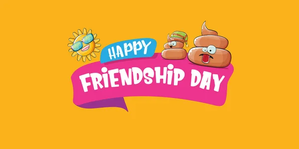 Ευτυχισμένη ημέρα φιλίας οριζόντια banner ή ευχετήρια κάρτα με διάνυσμα αστεία poo φίλους χαρακτήρες κινουμένων σχεδίων που απομονώνονται σε αφηρημένο πορτοκαλί φόντο. Η ιδέα των καλύτερων φίλων — Διανυσματικό Αρχείο