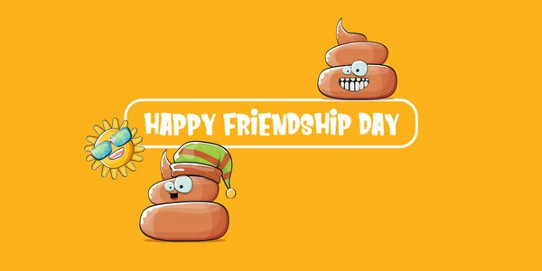 Feliz día de la amistad bandera horizontal o tarjeta de felicitación con vectores divertidos amigos caca de dibujos animados personajes aislados en fondo naranja abstracto. Concepto de mejores amigos — Vector de stock