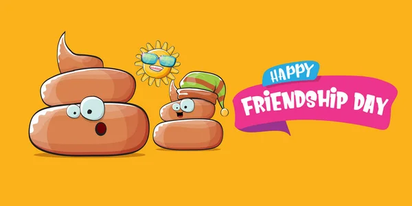 Happy friendship day horizontal banner atau greeting card dengan vektor lucu kartun poo teman karakter diisolasi pada abstrak oranye latar belakang. Konsep teman terbaik - Stok Vektor