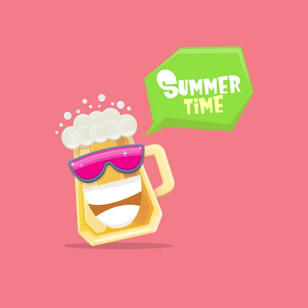Vector cartoon funky beer glass character with sunglasses isolated on pink background. Vector funny beer label or poster design template. International beer day cartoon comic poster or greeting banner — Stock Vector