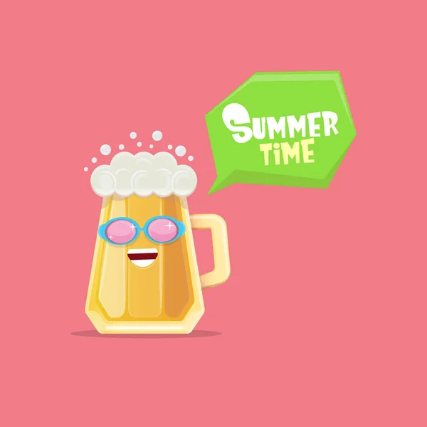 Vektor tecknad funky öl glas karaktär med solglasögon isolerade på rosa bakgrund. Vector rolig öl etikett eller affisch design mall. Internationell öl dag tecknad serie affisch eller hälsning banner — Stock vektor