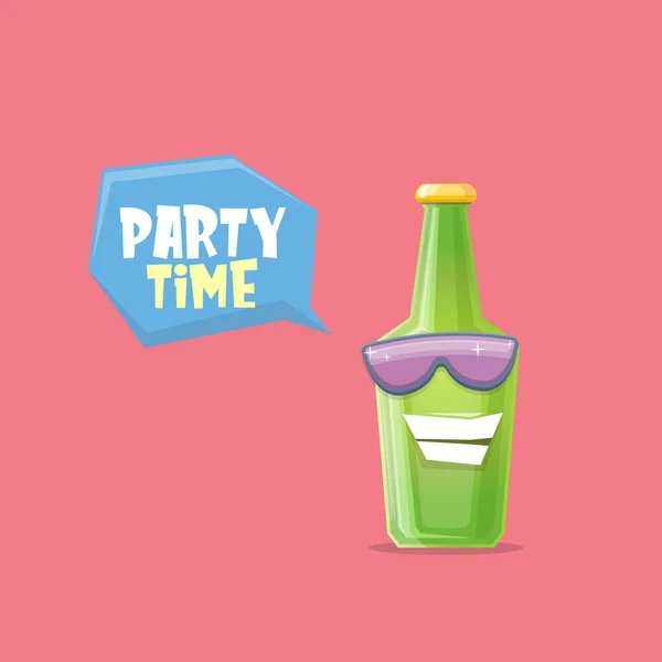Vektor-Cartoon funky Bierflaschenfigur mit Sonnenbrille isoliert auf rosa Hintergrund. Vector lustige Bier-Etikett oder Plakat-Design-Vorlage. Comicposter oder Banner zum Internationalen Tag des Bieres — Stockvektor