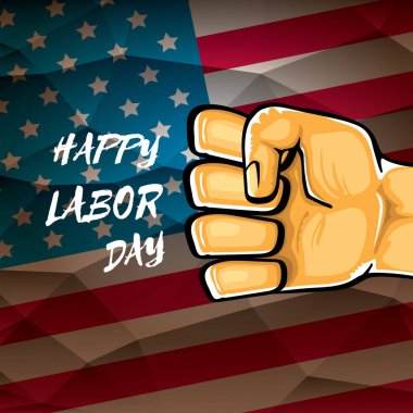 ABD bayraklarında izole edilmiş güçlü turuncu yumruklu ABD vekil afişi. vektör mutlu Amerikan iş günü geçmişi ya da erkek eli ile tebrik kartı.