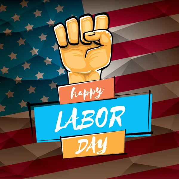 Happy labor day usa vector poster with strong orange fist isolated on usa flag background. vector happy american labor day background or greeting card with man hand. — Stock Vector