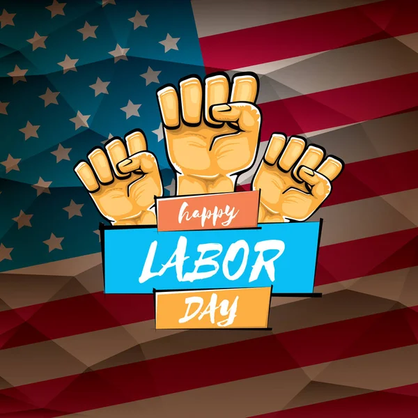 Happy labor day usa vector poster with strong orange fist isolated on usa flag background. vector happy american labor day background or greeting card with man hand. — Stock Vector