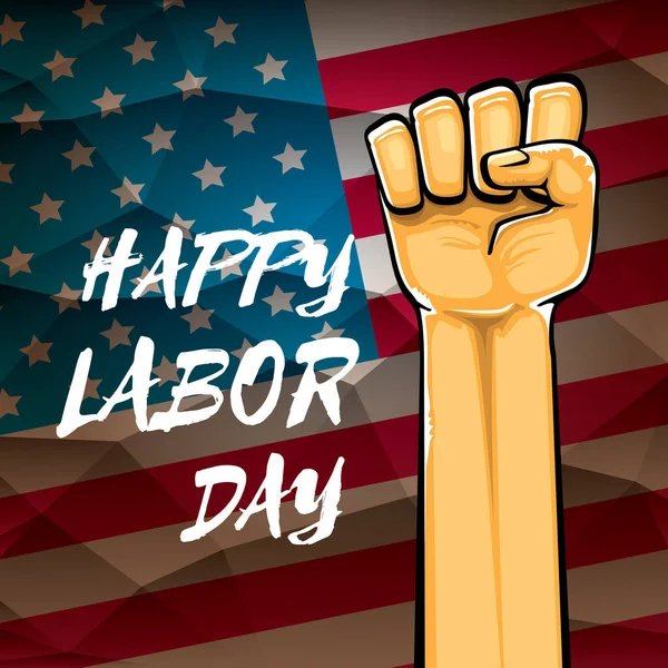 Поздравляем с Днем труда векторный плакат с сильным оранжевым фистом, изолированным на фоне флага США. вектор счастливого американского рабочего дня фон или поздравительная открытка с мужской рукой. — стоковый вектор