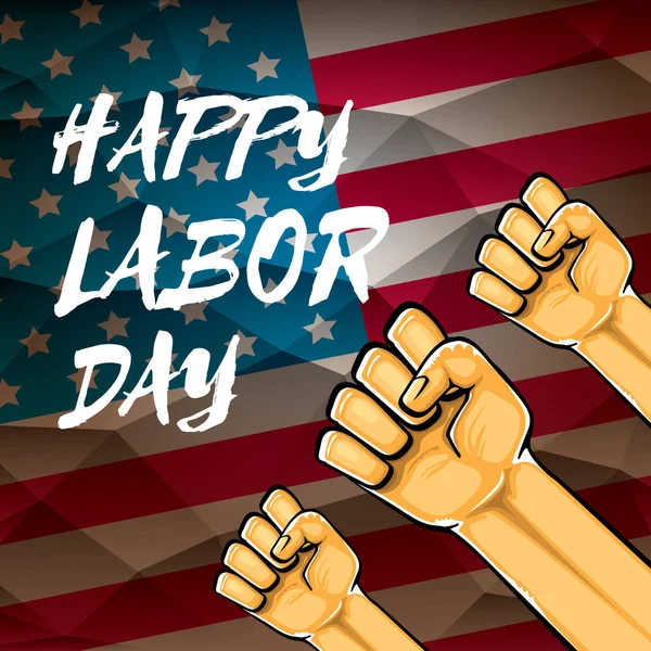 Happy Labor Day usa Vektor Poster mit starker orangefarbener Faust isoliert auf einem US-Flaggenhintergrund. Vektor glücklich amerikanischen Arbeitstag Hintergrund oder Grußkarte mit Mann Hand. — Stockvektor