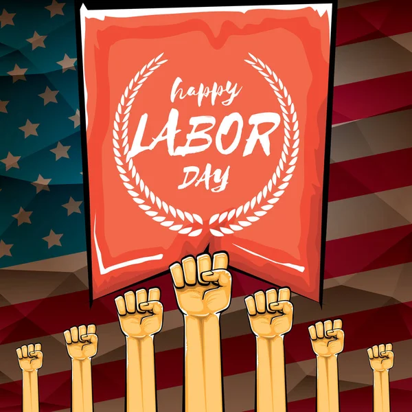 Happy labor day usa vector poster with strong orange fist isolated on usa flag background. vector happy american labor day background or greeting card with man hand. — Stock Vector