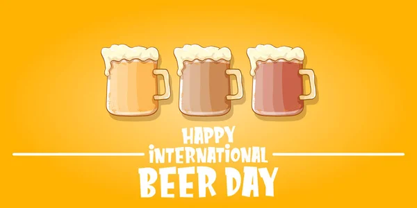 국제 맥주의 날, 주황색 맥주 배경에 맥주 잔이 붙어 있는 깃발이나 포스터. 손으로 그린 카드나 플라이어로 만든 맥주 양일 축하 해요 — 스톡 벡터