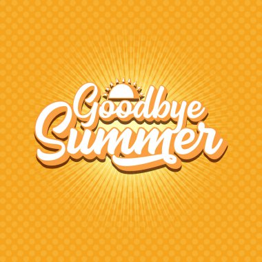 Beyaz elveda yaz vektörü konsepti metin etiketi veya turuncu yaz arka planında güneş ışığı olan çıkartma