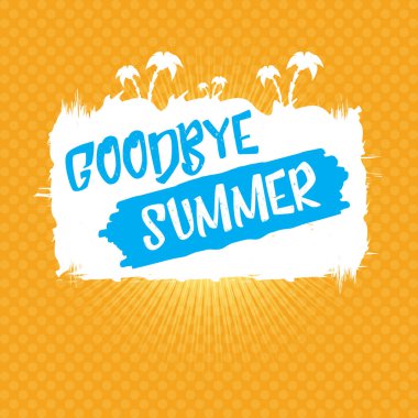 Beyaz elveda yaz vektörü konsepti metin etiketi veya turuncu yaz arka planında güneş ışığı olan çıkartma