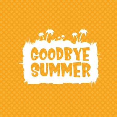 Beyaz elveda yaz vektörü konsepti metin etiketi veya turuncu yaz arka planında güneş ışığı olan çıkartma