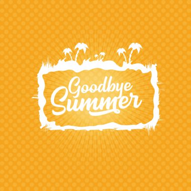 Beyaz elveda yaz vektörü konsepti metin etiketi veya turuncu yaz arka planında güneş ışığı olan çıkartma