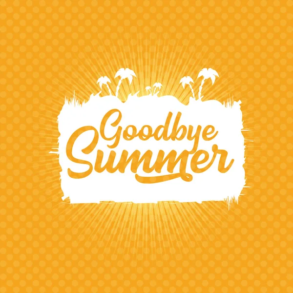 Beyaz elveda yaz vektörü konsepti metin etiketi veya turuncu yaz arka planında güneş ışığı olan çıkartma