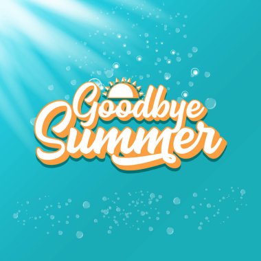 Beyaz elveda yaz vektörü konsepti metin etiketi veya gök mavisi deniz veya okyanus suyuna yapıştırılmış güneş ışığı arka planı