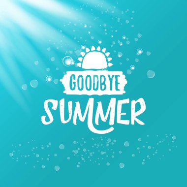 Beyaz elveda yaz vektörü konsepti metin etiketi veya gök mavisi deniz veya okyanus suyuna yapıştırılmış güneş ışığı arka planı