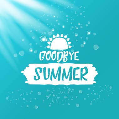 Beyaz elveda yaz vektörü konsepti metin etiketi veya gök mavisi deniz veya okyanus suyuna yapıştırılmış güneş ışığı arka planı