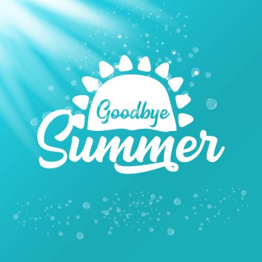 Beyaz elveda yaz vektörü konsepti metin etiketi veya gök mavisi deniz veya okyanus suyuna yapıştırılmış güneş ışığı arka planı