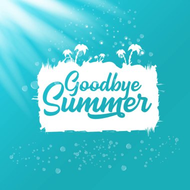 Beyaz elveda yaz vektörü konsepti metin etiketi veya gök mavisi deniz veya okyanus suyuna yapıştırılmış güneş ışığı arka planı