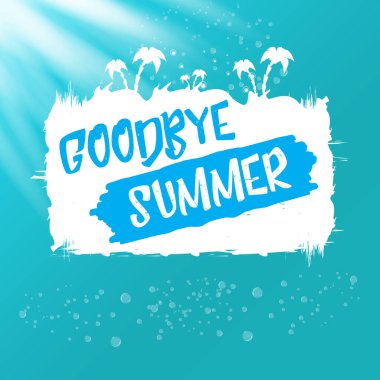 Beyaz elveda yaz vektörü konsepti metin etiketi veya gök mavisi deniz veya okyanus suyuna yapıştırılmış güneş ışığı arka planı