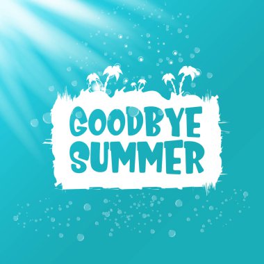 Beyaz elveda yaz vektörü konsepti metin etiketi veya gök mavisi deniz veya okyanus suyuna yapıştırılmış güneş ışığı arka planı