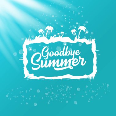 Beyaz elveda yaz vektörü konsepti metin etiketi veya gök mavisi deniz veya okyanus suyuna yapıştırılmış güneş ışığı arka planı