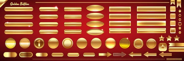 Web vector golden and bronze buttons, stars, ribbons, labels, frames, arrows and badges collection isolated on classic red background. Christmas golden buttons set isolated on classic red background — Stock Vector