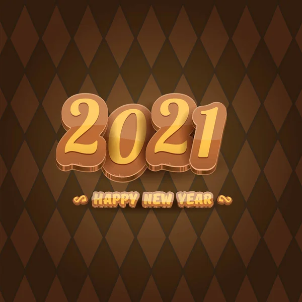 卡通2021新年快乐标签或贺卡与彩色的数字和问候文字。在古色古香的棕色背景上独立的新年快乐标签或图标 — 图库矢量图片