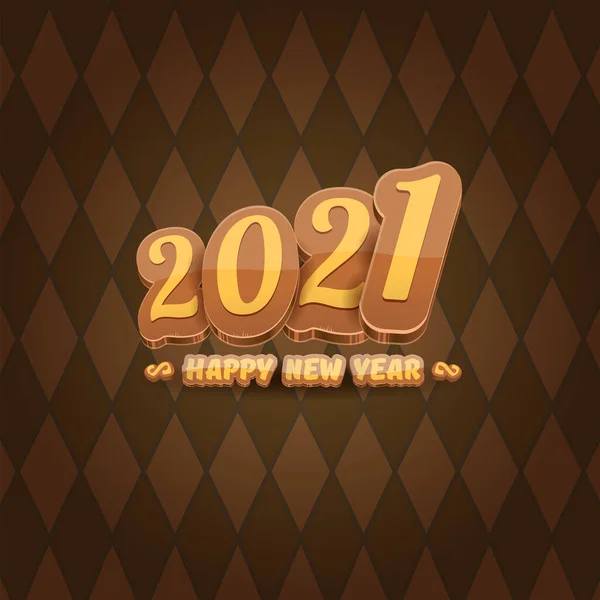 Γελοιογραφία 2021 Ευτυχισμένο το νέο έτος ετικέτα ή ευχετήρια κάρτα με πολύχρωμους αριθμούς και χαιρετισμό κείμενο. Ευτυχισμένο το νέο έτος ετικέτα ή εικονίδιο που απομονώνονται σε vintage καφέ φόντο — Διανυσματικό Αρχείο