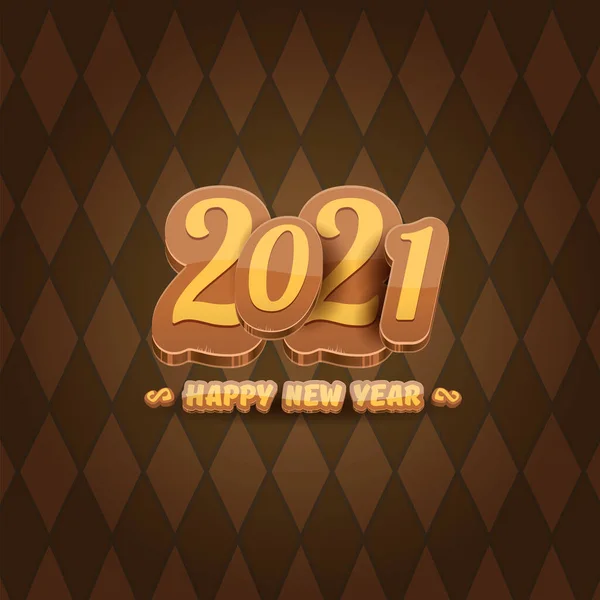 Rajzfilm 2021 Boldog új évet címke vagy üdvözlőlapot színes számokat és üdvözlő szöveget. Boldog új évet címke vagy ikon elszigetelt vintage barna háttér — Stock Vector