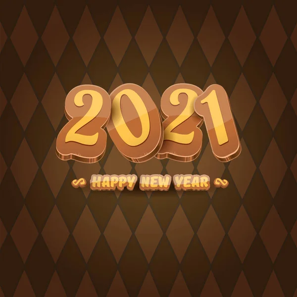 Rajzfilm 2021 Boldog új évet címke vagy üdvözlőlapot színes számokat és üdvözlő szöveget. Boldog új évet címke vagy ikon elszigetelt vintage barna háttér — Stock Vector