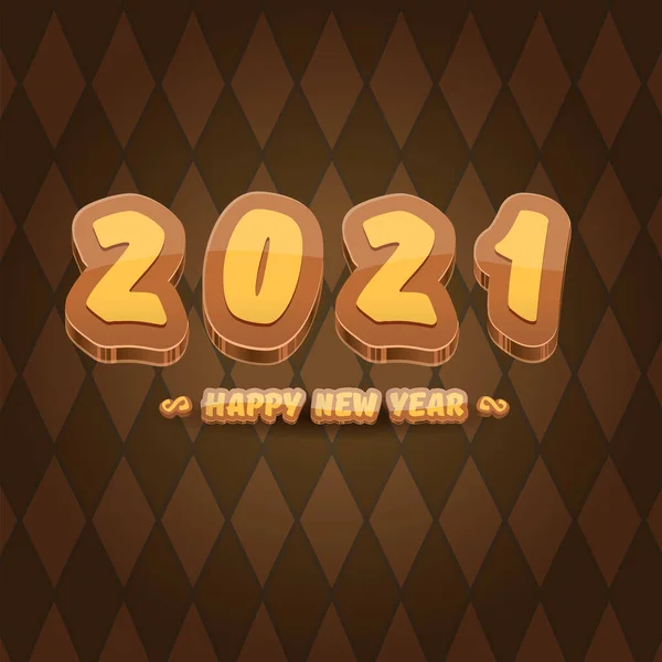 Cartoon 2021 Happy new year label or greeting card with colorful numbers and greeting text. Happy new year label or icon isolated on vintage brown background — Stock Vector