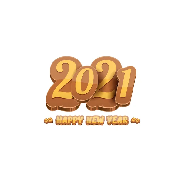 Dibujos animados 2021 Feliz año nuevo etiqueta o tarjeta de felicitación con números de colores y texto de saludo. Feliz año nuevo etiqueta o icono aislado sobre fondo blanco — Vector de stock
