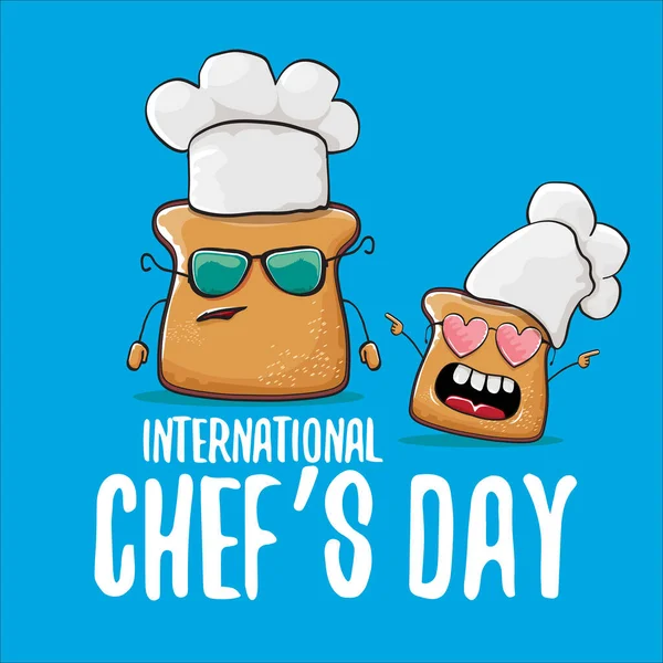 Tarjeta de felicitación del día del chef internacional o pancarta con vector divertido pan de chef de dibujos animados con sombrero de cheaf aislado sobre fondo azul. — Archivo Imágenes Vectoriales