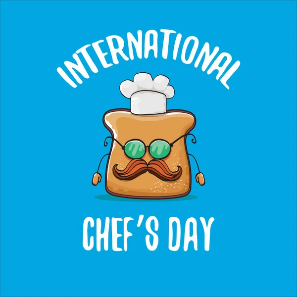 Tarjeta de felicitación del día del chef internacional o pancarta con vector divertido pan de chef de dibujos animados con sombrero de cheaf aislado sobre fondo azul. — Archivo Imágenes Vectoriales