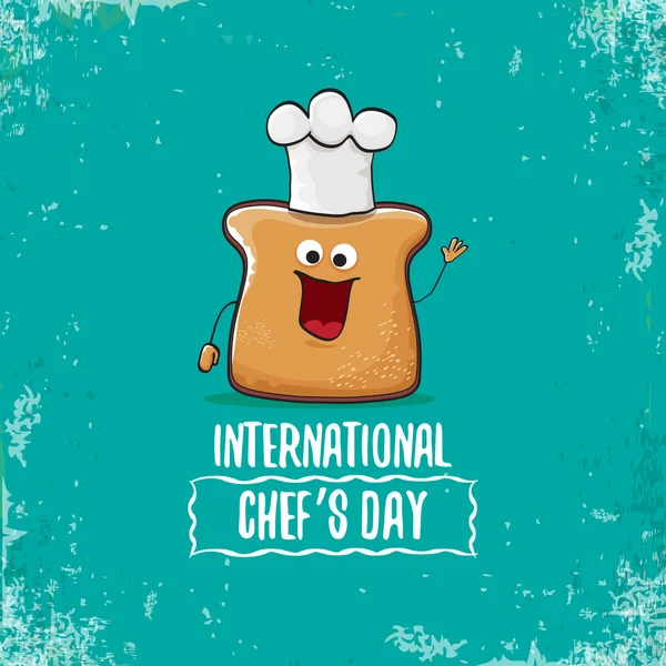 Tarjeta de felicitación del día del chef internacional o pancarta con vector divertido pan de chef de dibujos animados con sombrero de cheaf aislado sobre fondo azul. — Archivo Imágenes Vectoriales