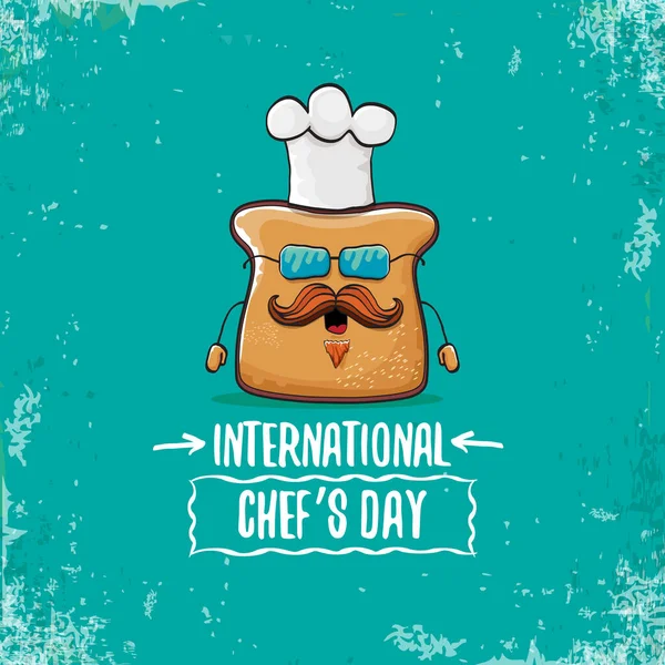 Διεθνής ημέρα σεφ ευχετήρια κάρτα ή πανό με διάνυσμα αστείο ψωμί σεφ κινουμένων σχεδίων με cheaf καπέλο απομονώνονται σε γαλάζιο φόντο. — Διανυσματικό Αρχείο